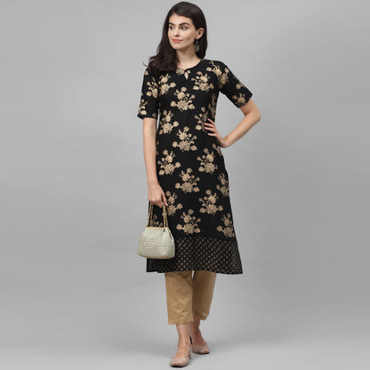 Maai Rayon Hand Printed Kurta Black