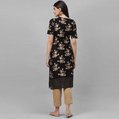 Maai Rayon Hand Printed Kurta Black