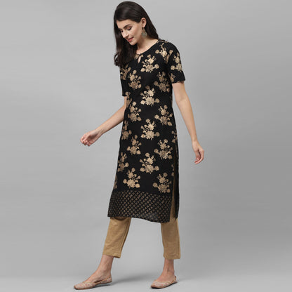 Maai Rayon Hand Printed Kurta Black