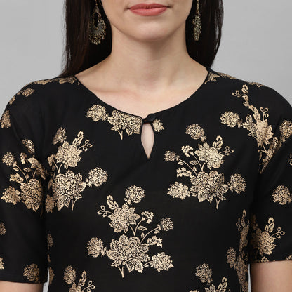 Maai Rayon Hand Printed Kurta Black