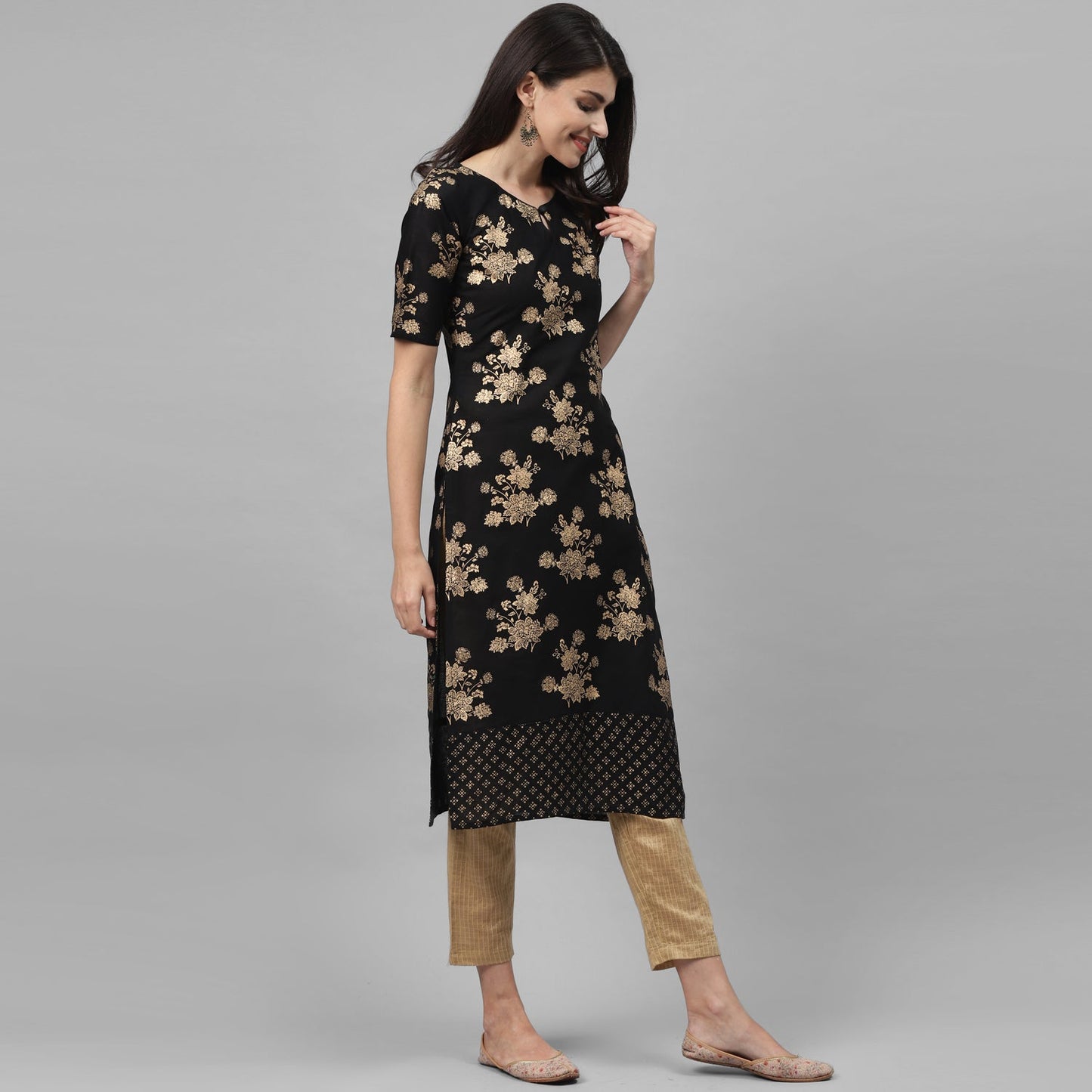 Maai Rayon Hand Printed Kurta Black