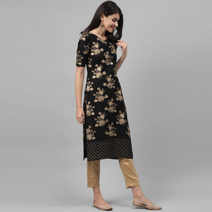 Maai Rayon Hand Printed Kurta Black