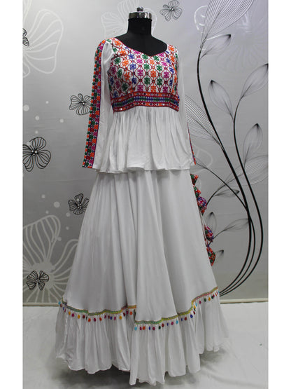 Myra White Viscose Rayon Embroidered Designer Navratri Special Lehenga