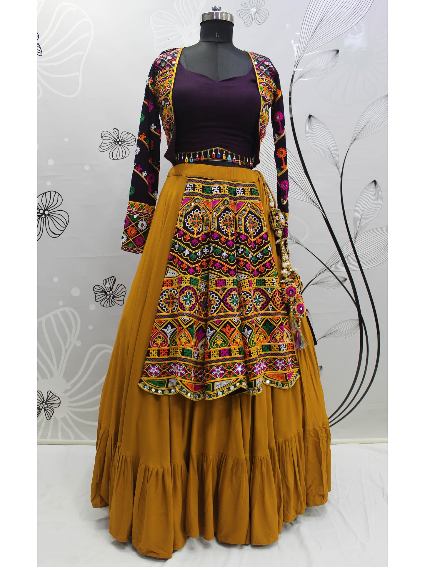 Myra Mustard Yellow Koti Style Viscose Rayon Embroidered Designer Navratri Special Lehenga