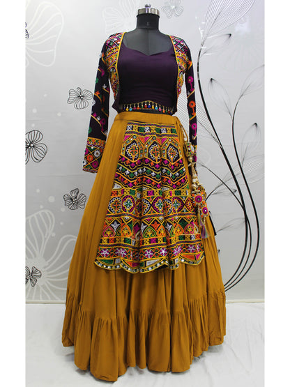 Myra Mustard Yellow Koti Style Viscose Rayon Embroidered Designer Navratri Special Lehenga