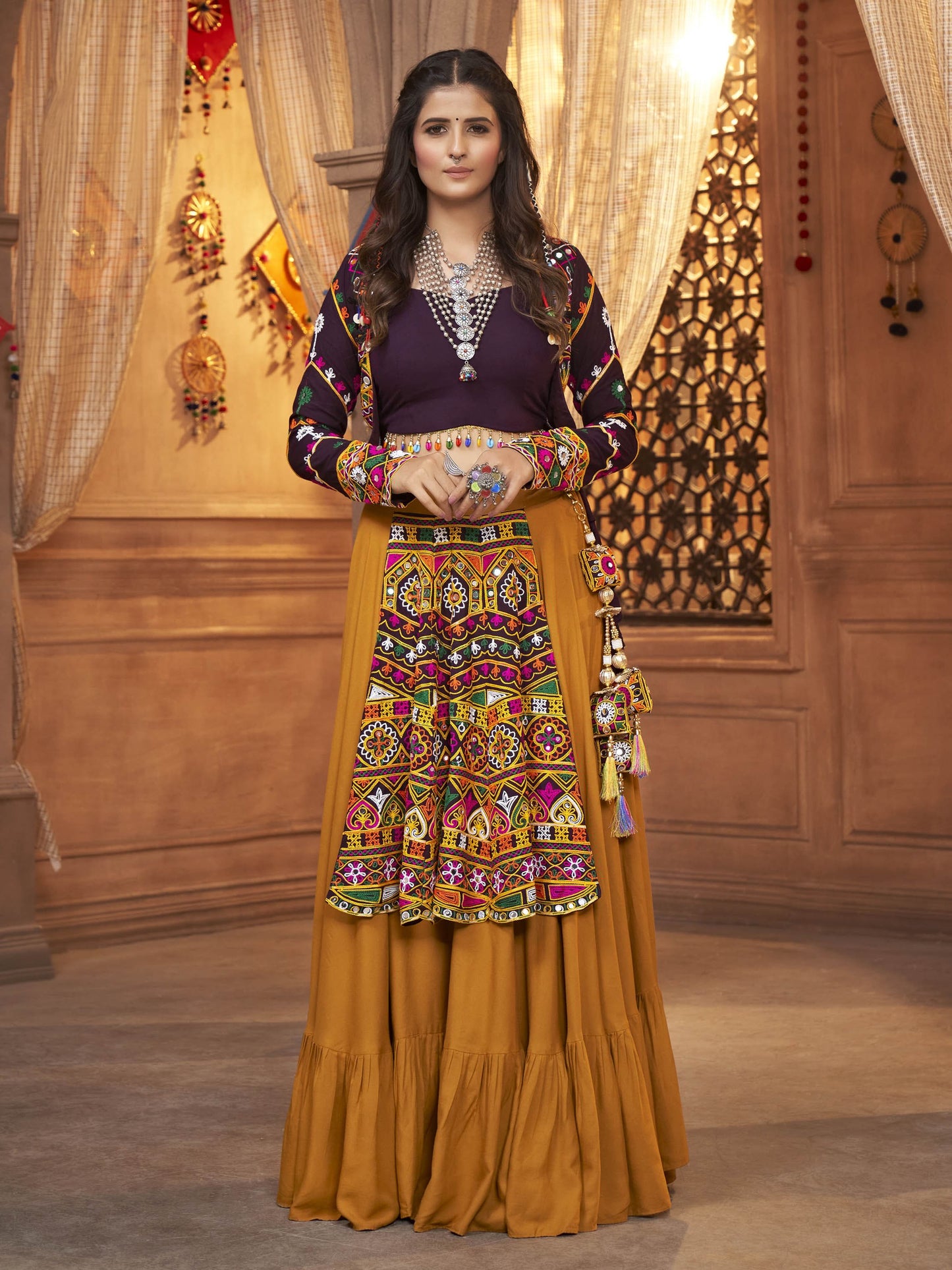 Myra Mustard Yellow Koti Style Viscose Rayon Embroidered Designer Navratri Special Lehenga