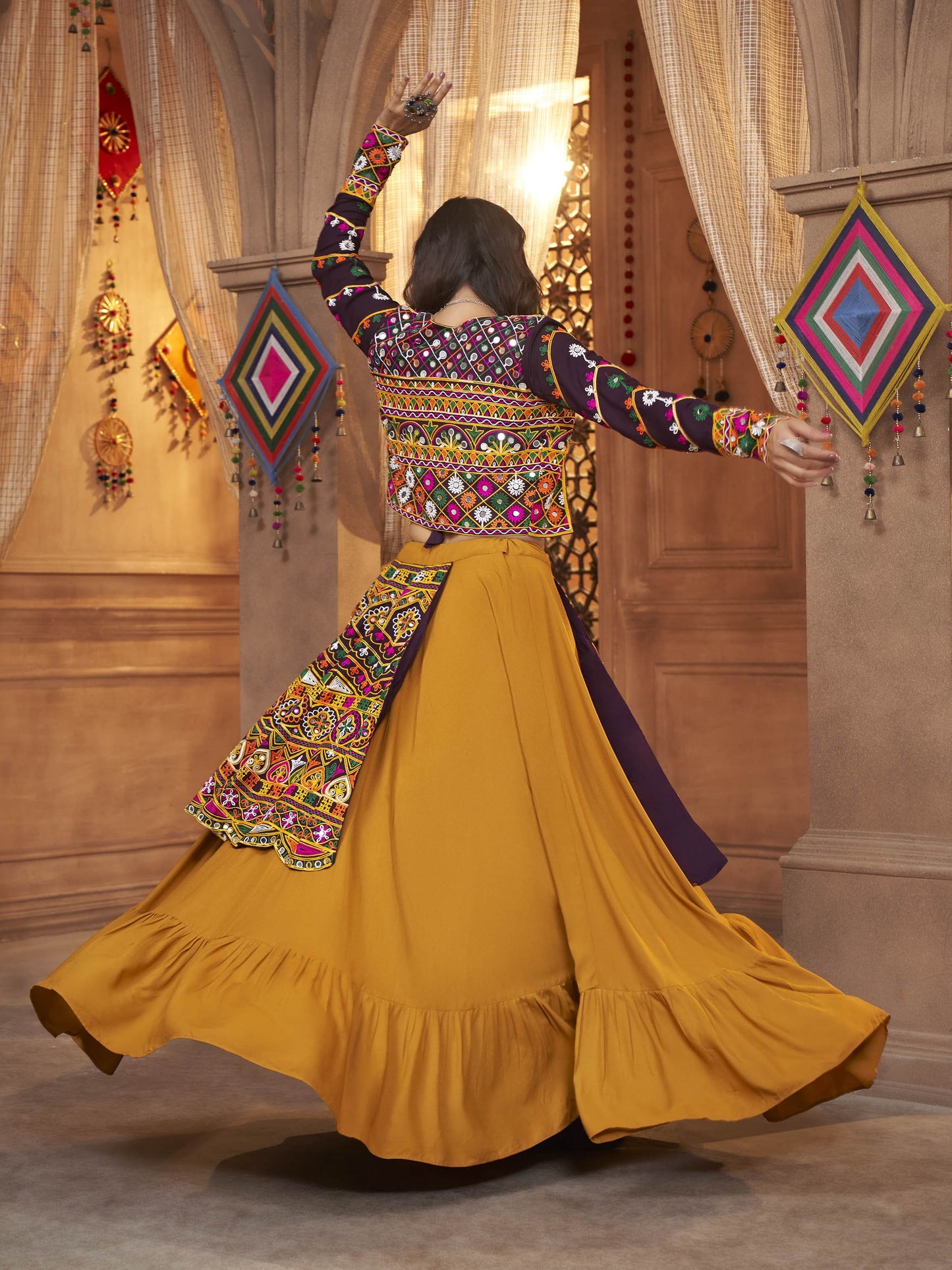 Myra Mustard Yellow Koti Style Viscose Rayon Embroidered Designer Navratri Special Lehenga