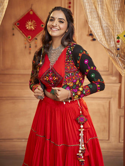 Myra Red Viscose Rayon Embroidered Designer Navratri Special Lehenga