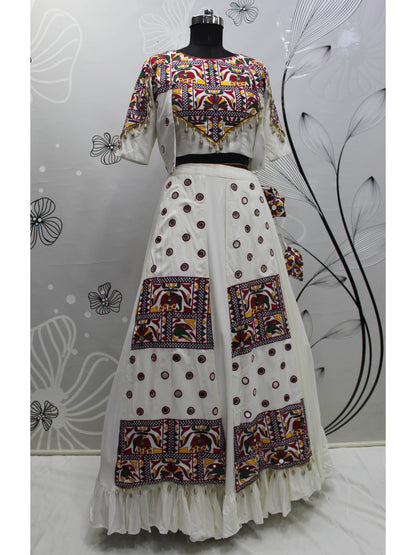 Myra White Koti Style Viscose Rayon Embroidered Designer Navratri Special Lehenga