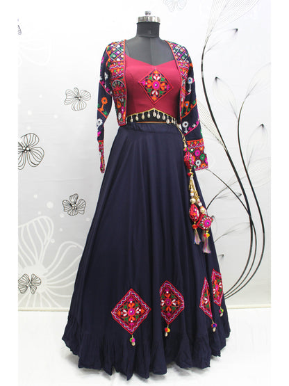 Myra Navy Blue Koti Style Viscose Rayon Embroidered Designer Navratri Special Lehenga