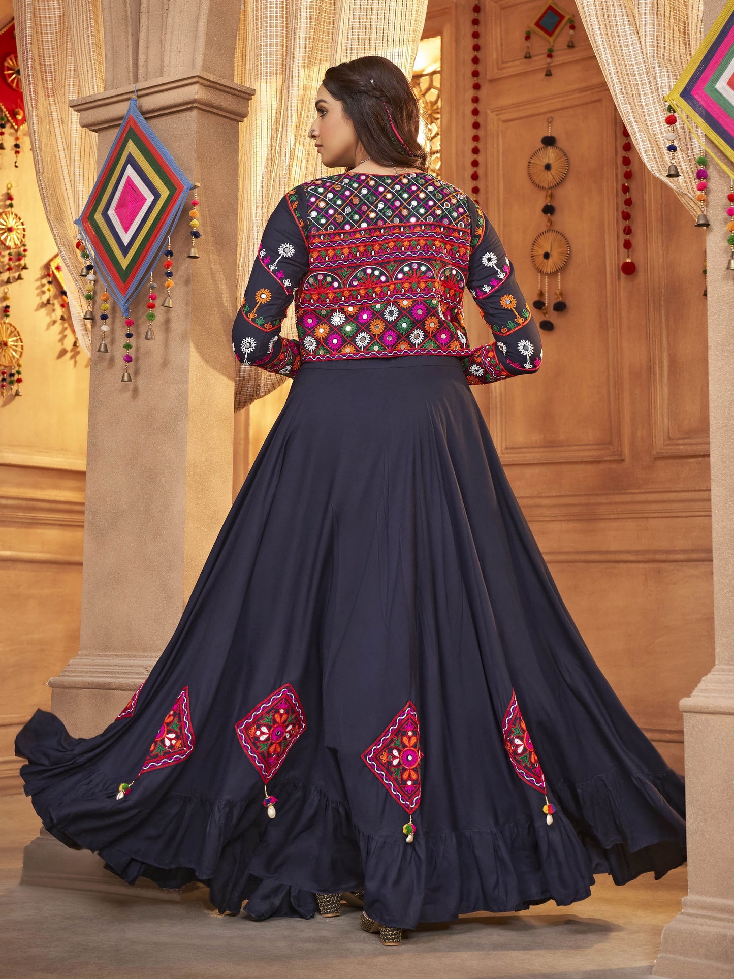 Myra Navy Blue Koti Style Viscose Rayon Embroidered Designer Navratri Special Lehenga