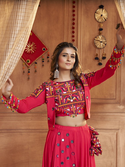 Myra Rani and Pink Koti Style Viscose Rayon Embroidered Designer Navratri Special Lehenga