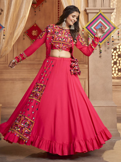 Myra Rani and Pink Koti Style Viscose Rayon Embroidered Designer Navratri Special Lehenga