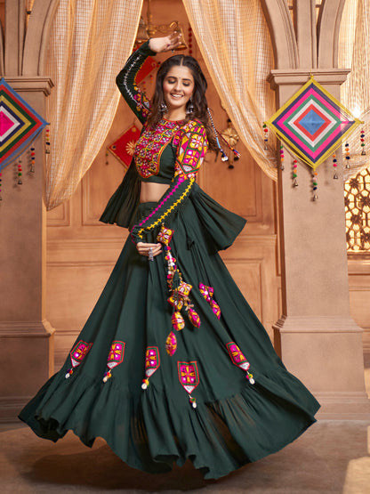 Myra Green Koti Style Viscose Rayon Embroidered Designer Navratri Special Lehenga
