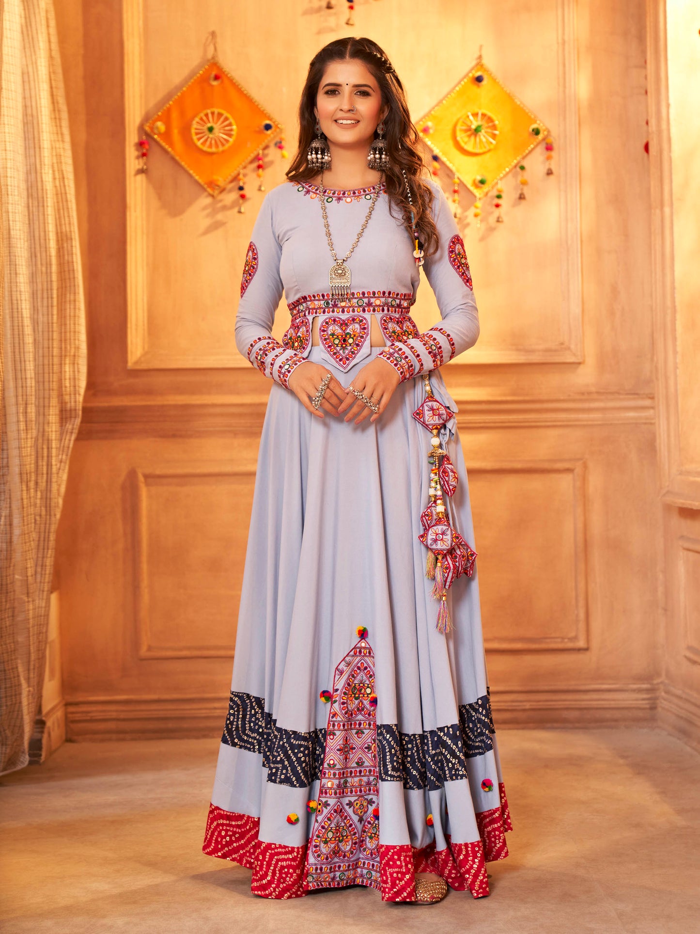 Myra Sky Viscose Rayon Embroidered Designer Navratri Special Lehenga