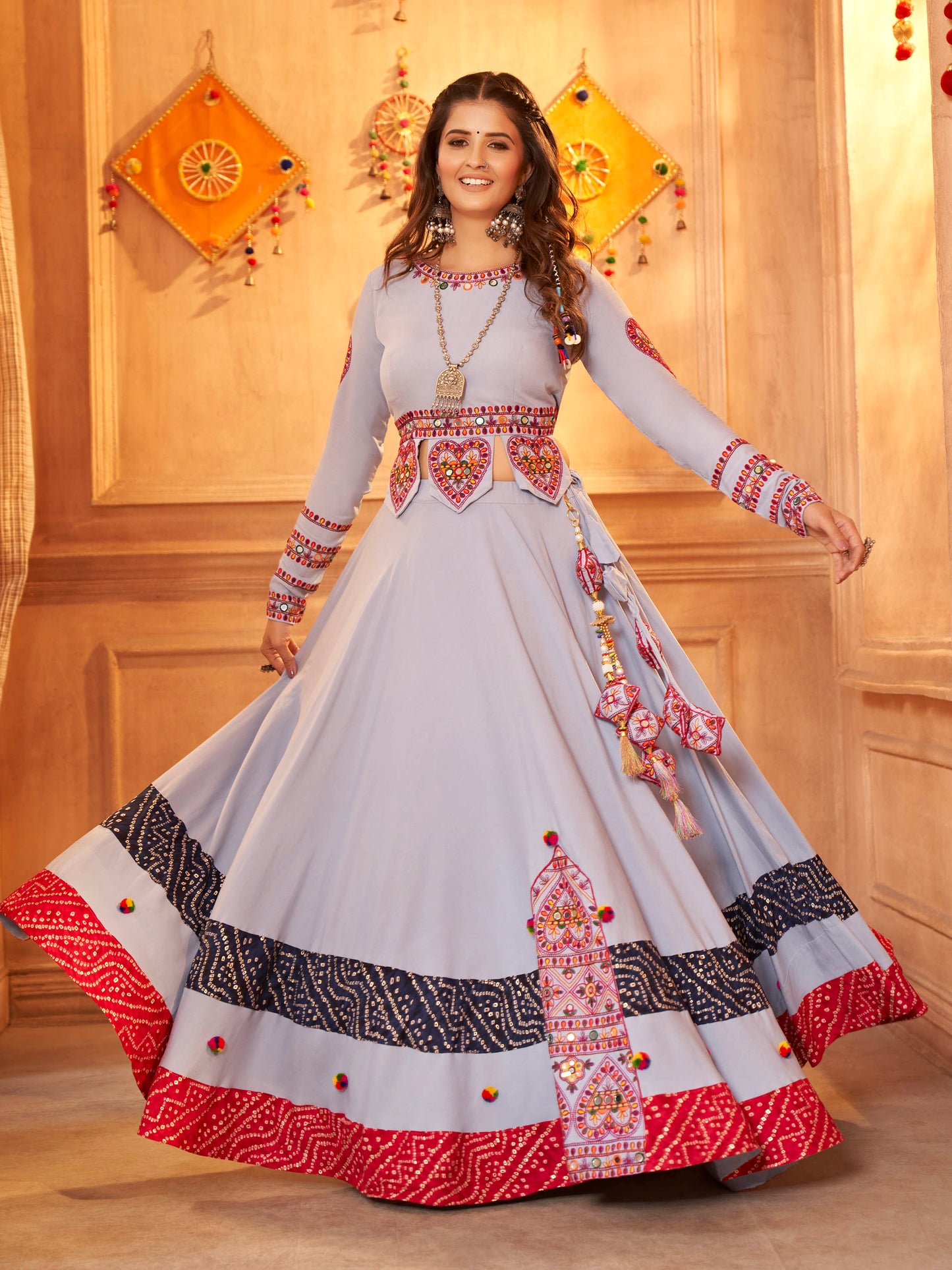 Myra Sky Viscose Rayon Embroidered Designer Navratri Special Lehenga