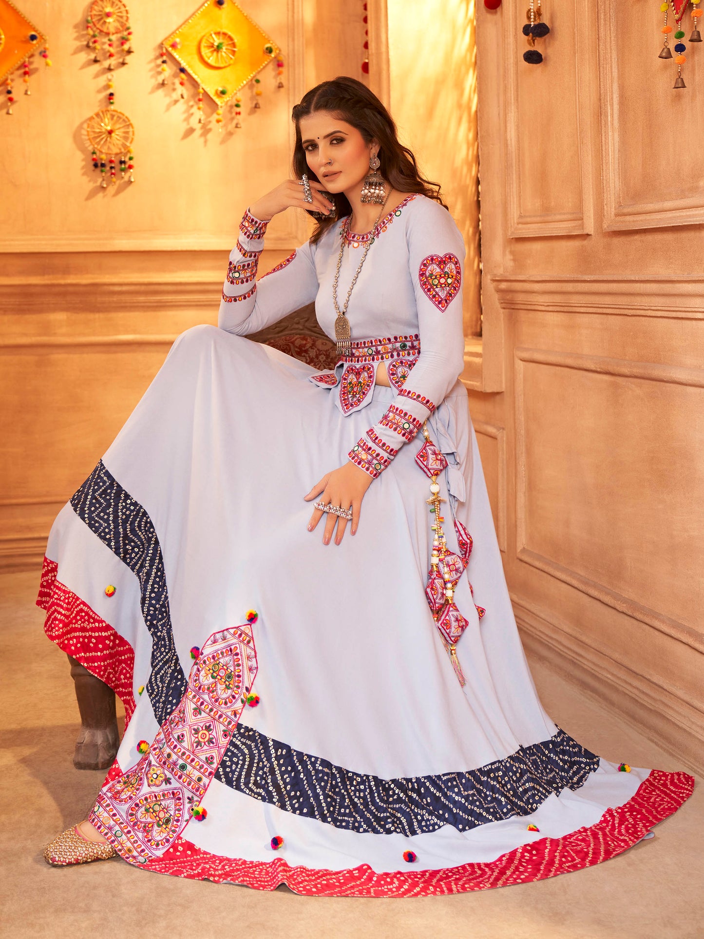 Myra Sky Viscose Rayon Embroidered Designer Navratri Special Lehenga