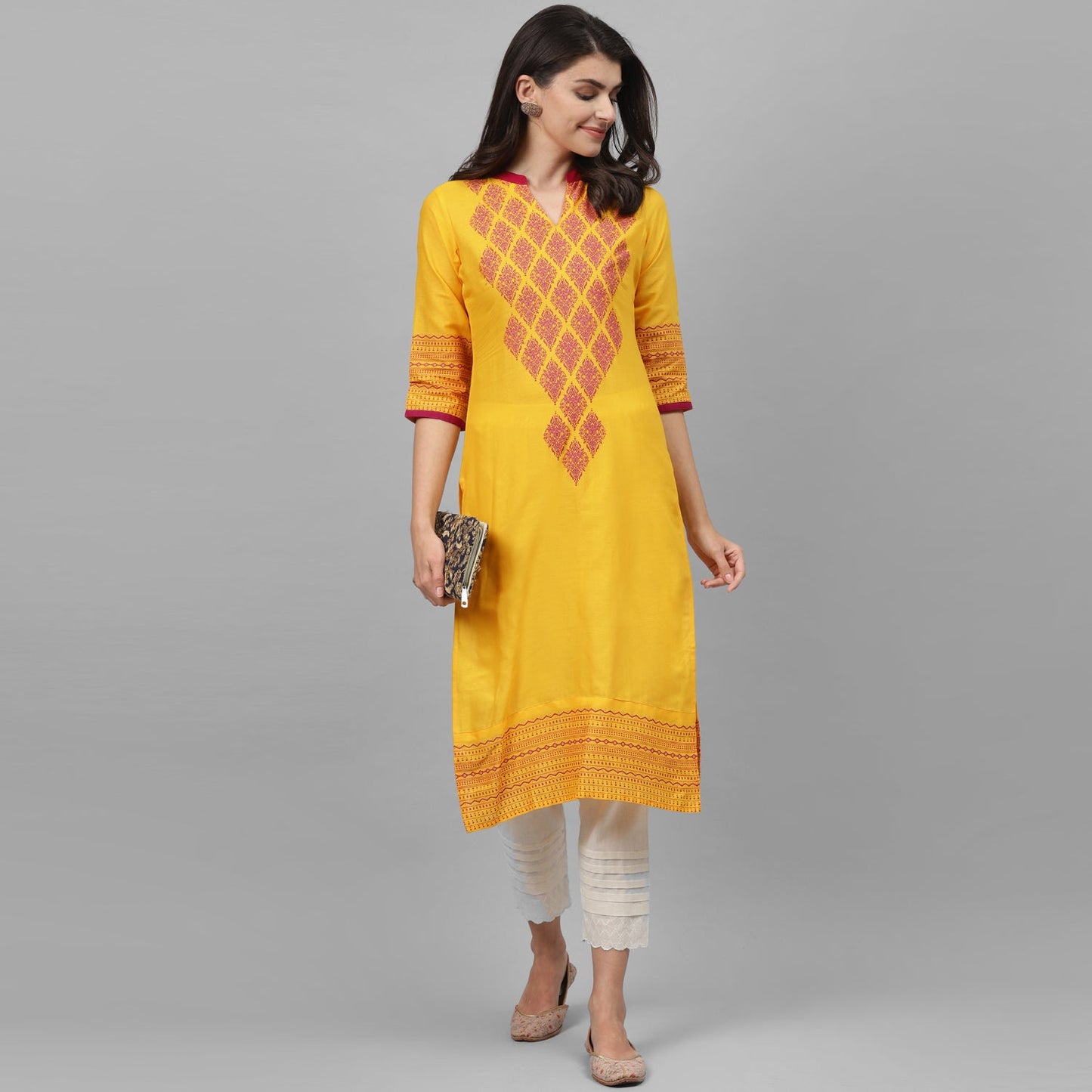 Maai Rayon Hand Printed Kurta Yellow