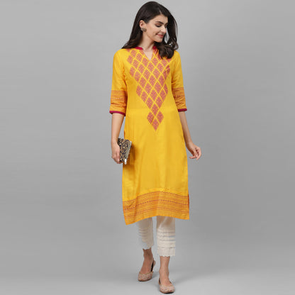 Maai Rayon Hand Printed Kurta Yellow