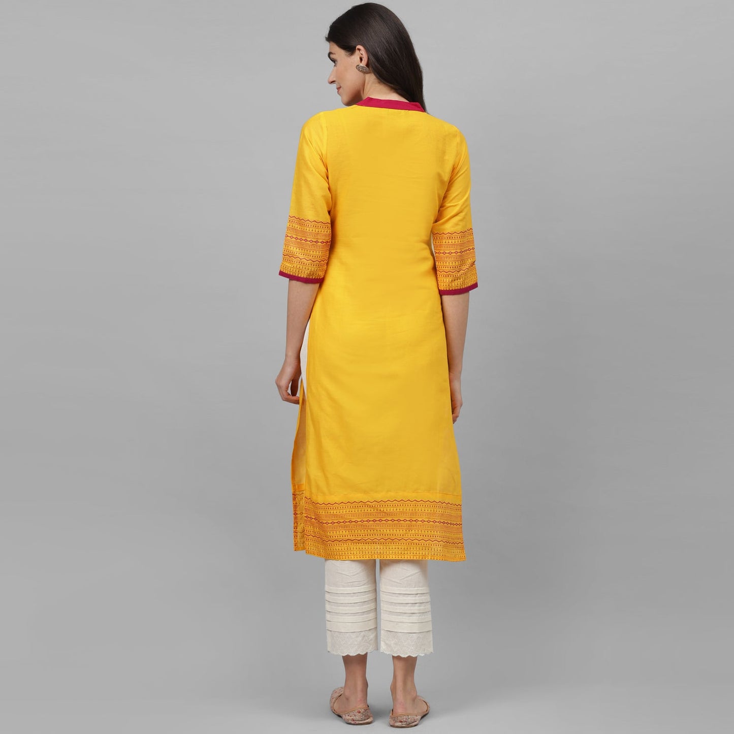 Maai Rayon Hand Printed Kurta Yellow