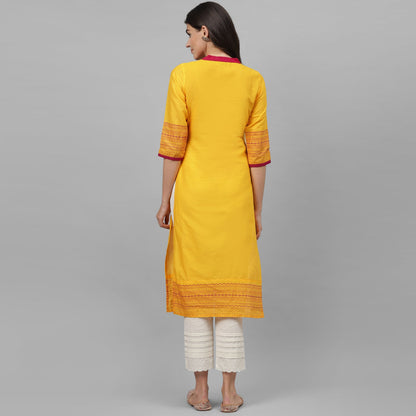 Maai Rayon Hand Printed Kurta Yellow