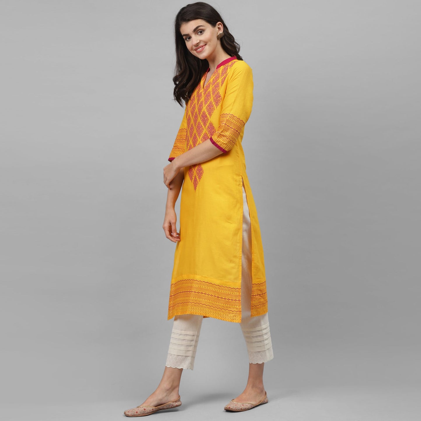 Maai Rayon Hand Printed Kurta Yellow