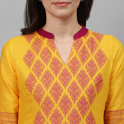 Maai Rayon Hand Printed Kurta Yellow