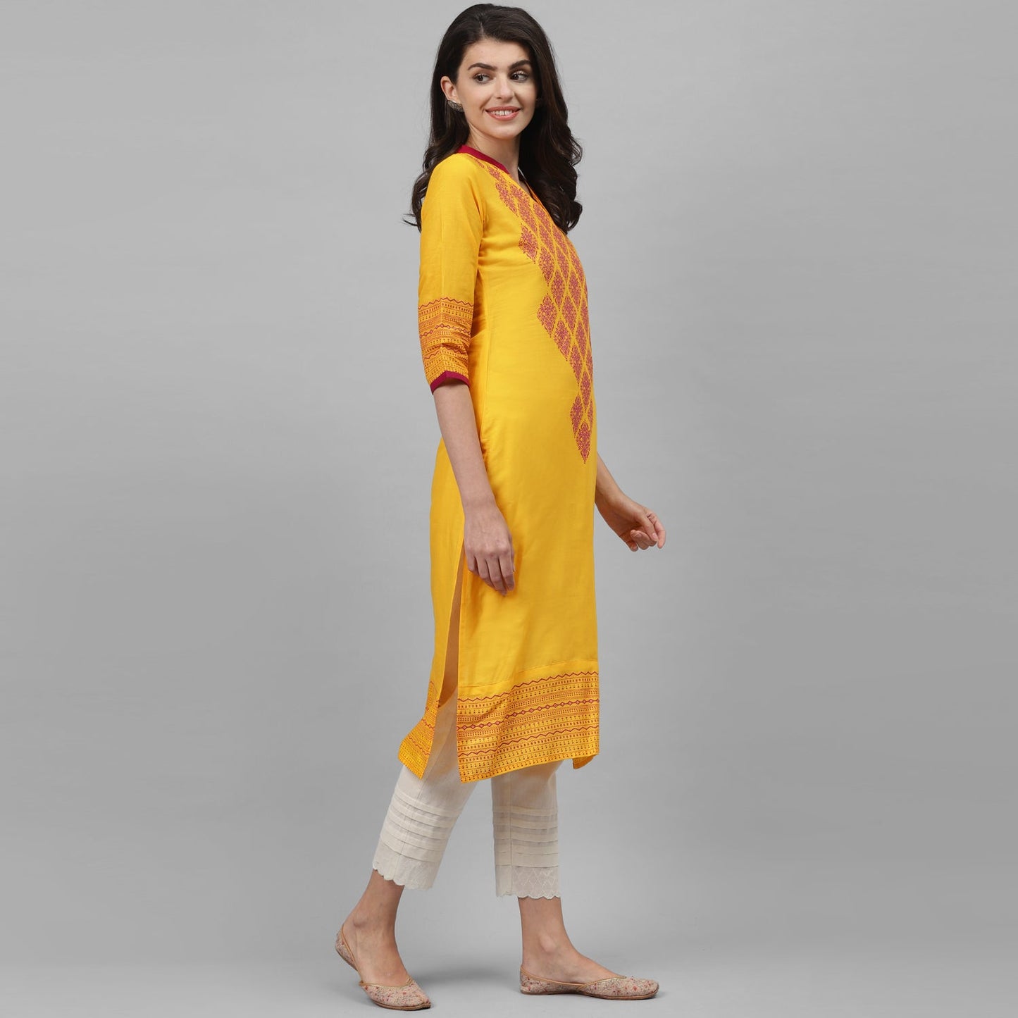 Maai Rayon Hand Printed Kurta Yellow