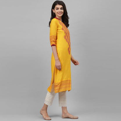 Maai Rayon Hand Printed Kurta Yellow