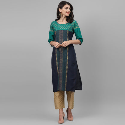 Maai Rayon Hand Printed Kurta Blue