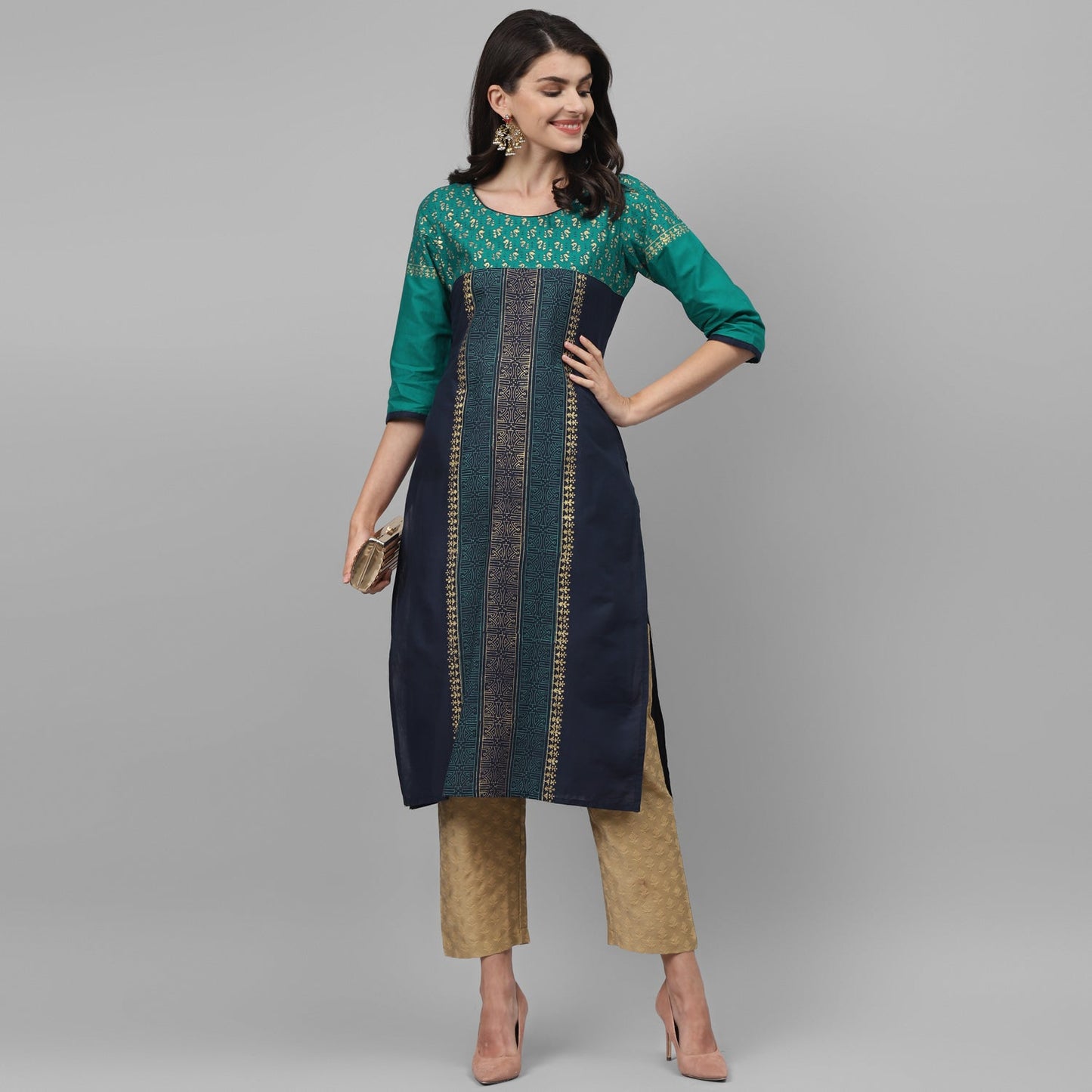 Maai Rayon Hand Printed Kurta Blue