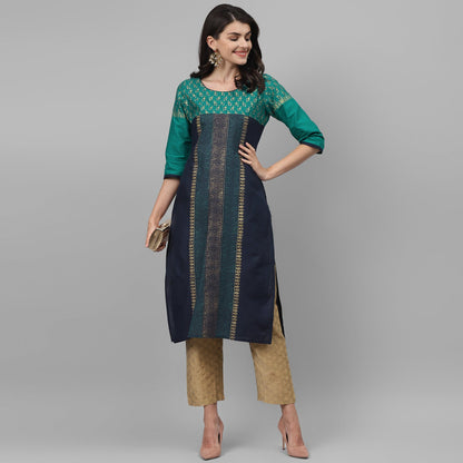 Maai Rayon Hand Printed Kurta Blue