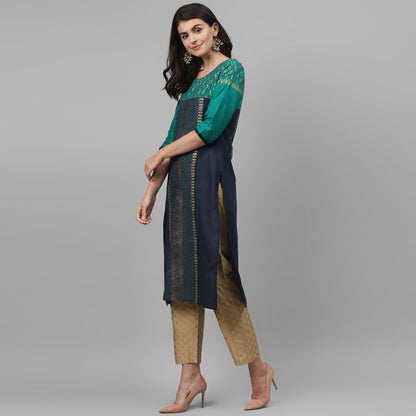 Maai Rayon Hand Printed Kurta Blue