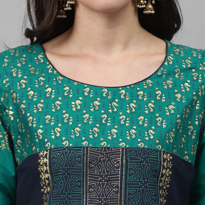 Maai Rayon Hand Printed Kurta Blue