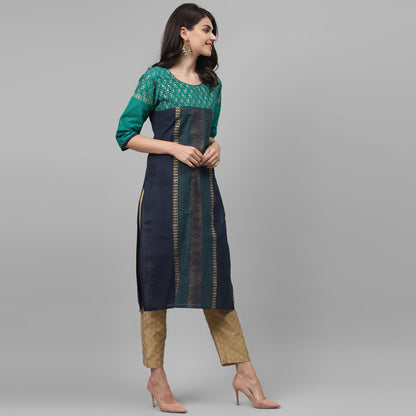 Maai Rayon Hand Printed Kurta Blue