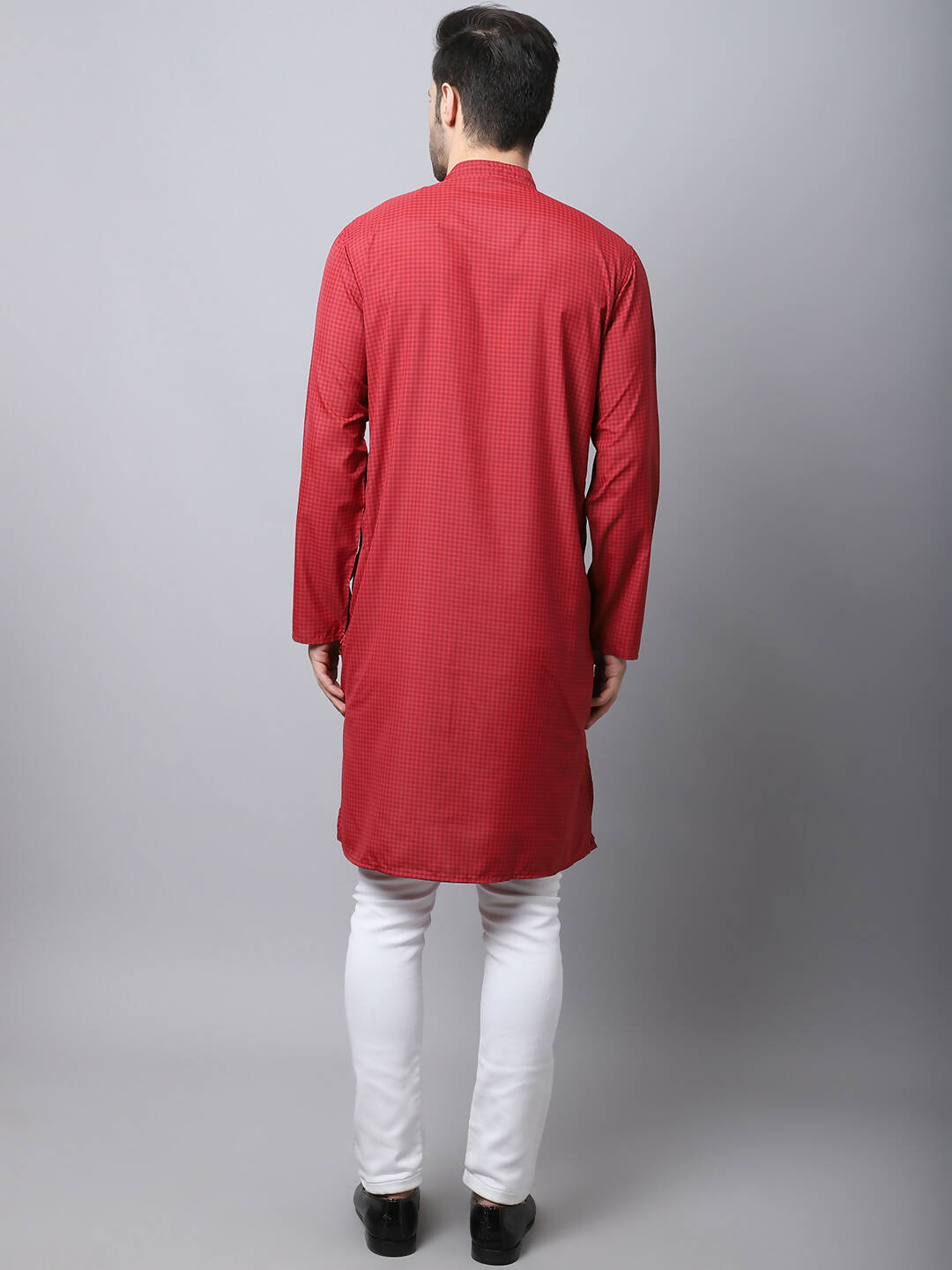 Even Apparels Maroon Cotton Checked Men's Kurta With Band Collar