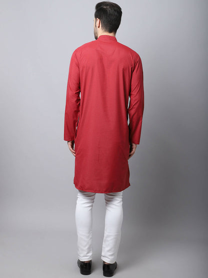 Even Apparels Maroon Cotton Checked Men's Kurta With Band Collar