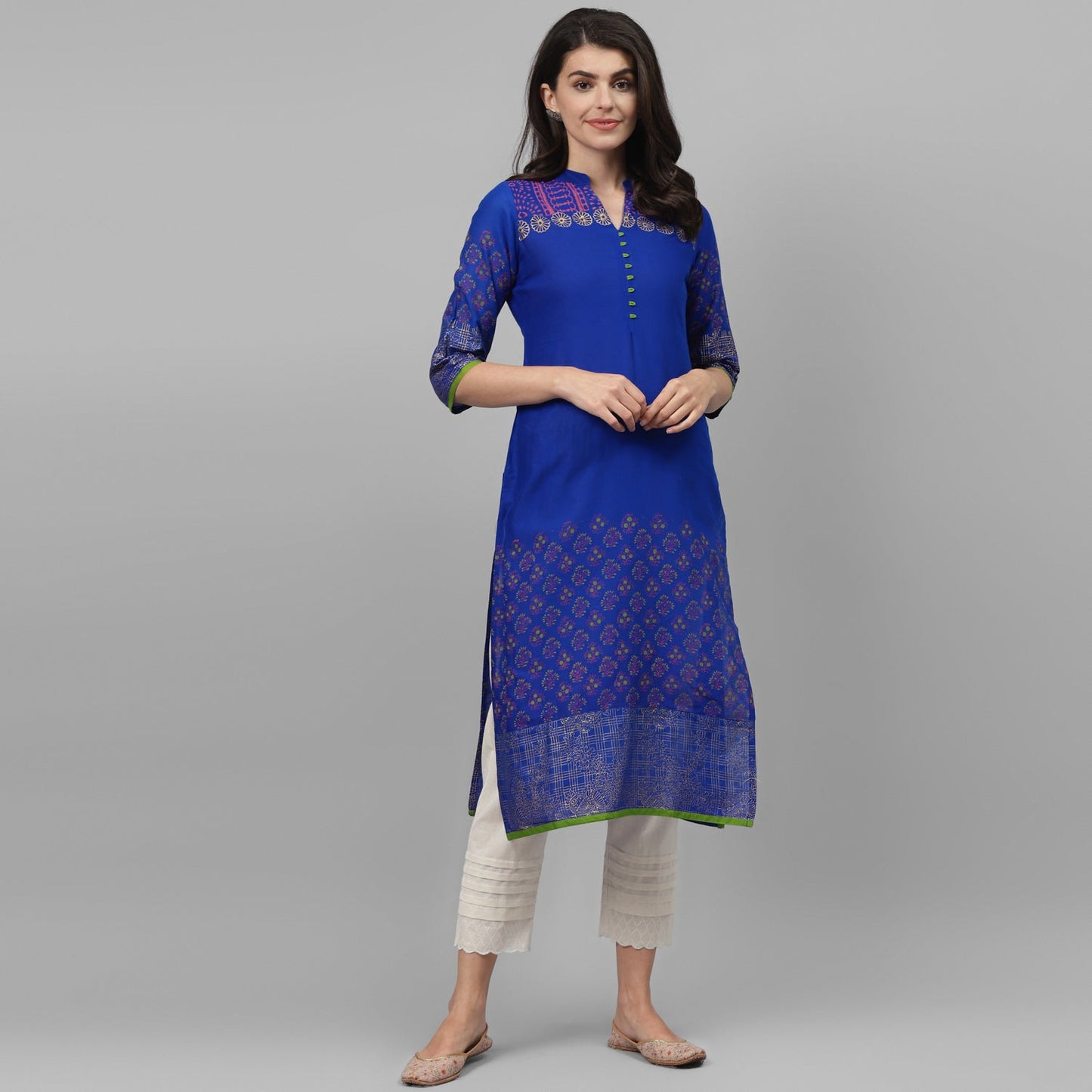 Maai Rayon Hand Printed Kurta Blue