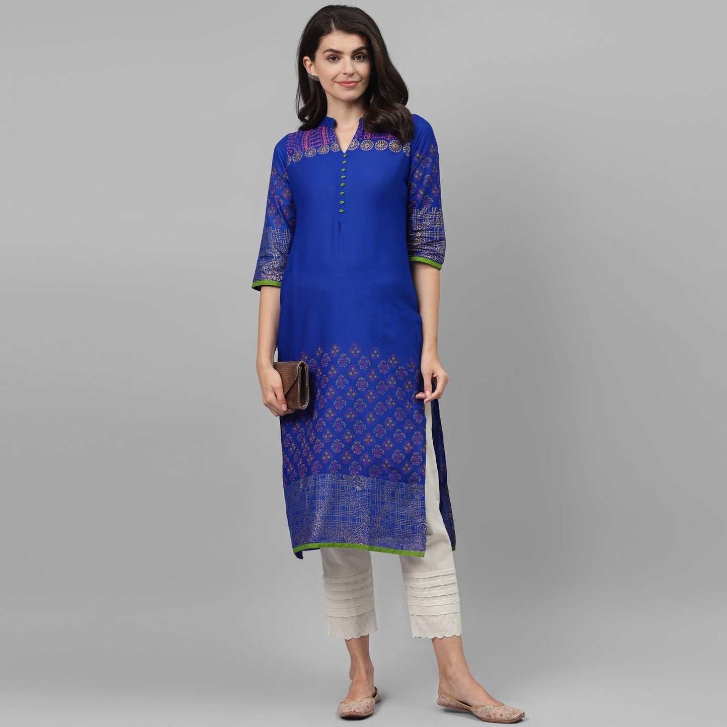 Maai Rayon Hand Printed Kurta Blue