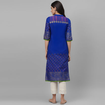 Maai Rayon Hand Printed Kurta Blue