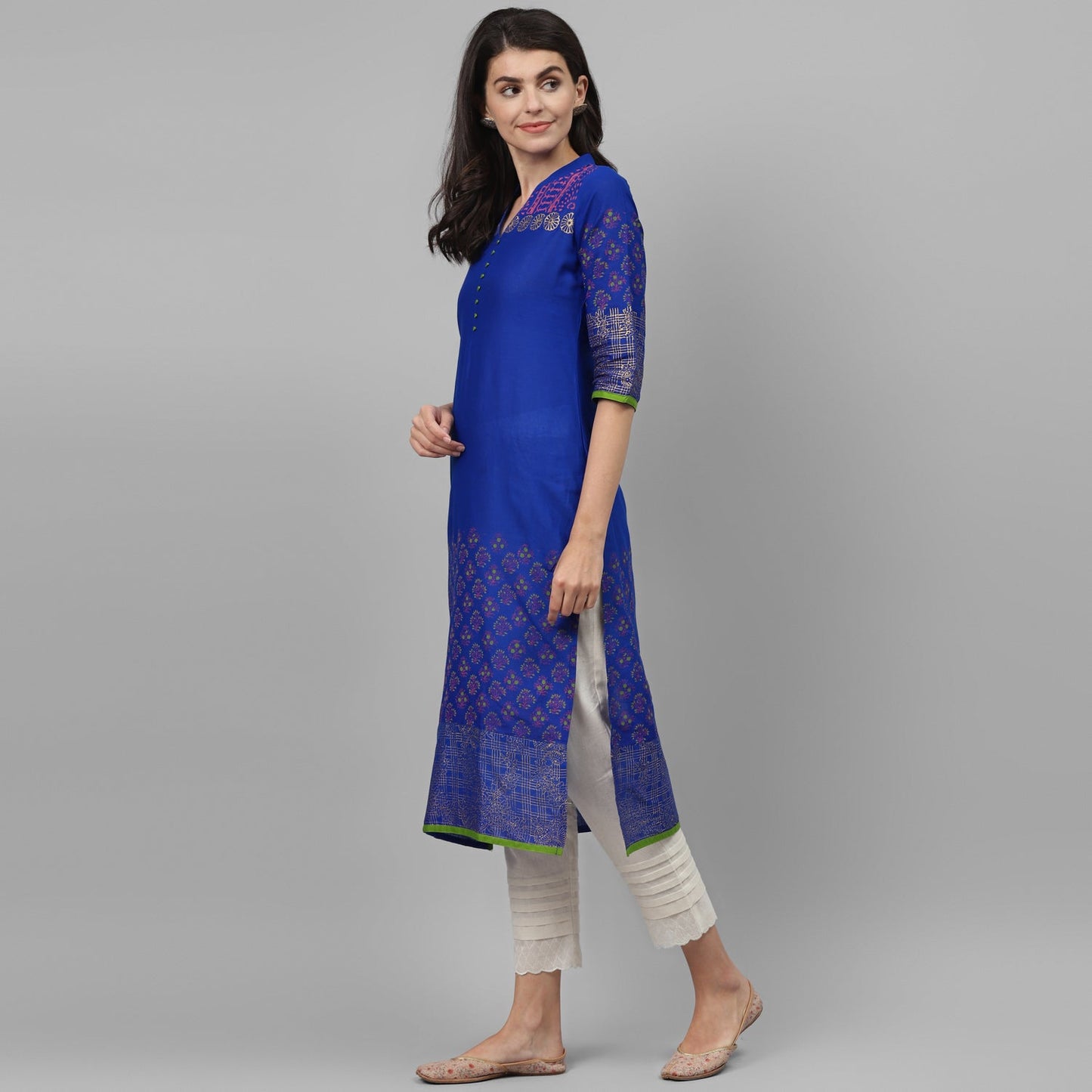 Maai Rayon Hand Printed Kurta Blue