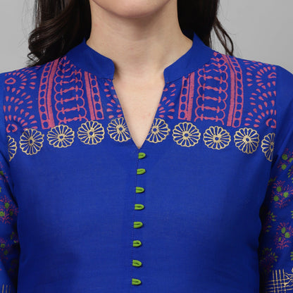 Maai Rayon Hand Printed Kurta Blue