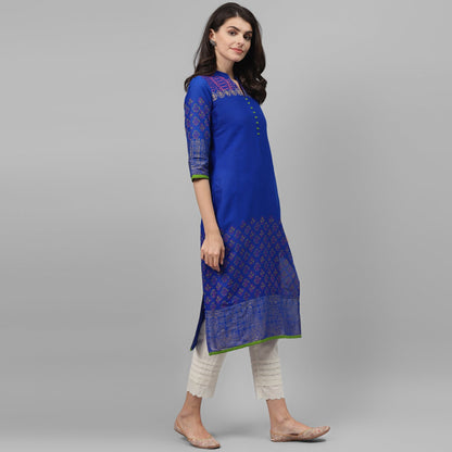 Maai Rayon Hand Printed Kurta Blue