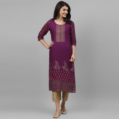 Maai Rayon Hand Printed Kurta Purple
