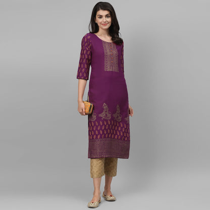 Maai Rayon Hand Printed Kurta Purple