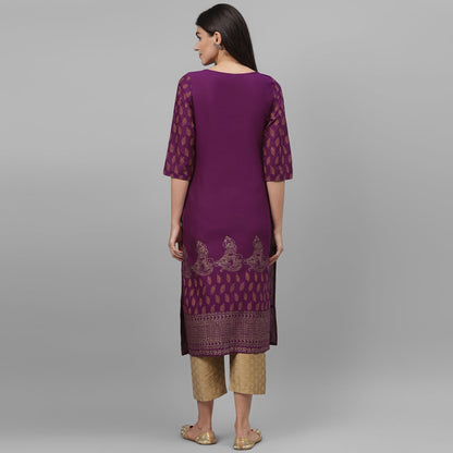 Maai Rayon Hand Printed Kurta Purple