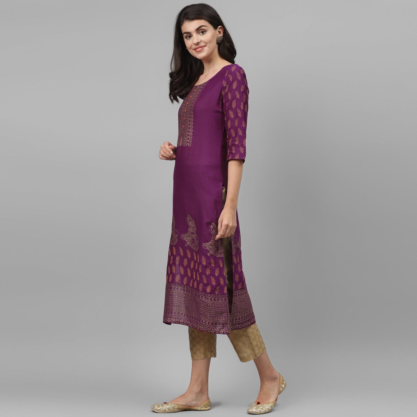 Maai Rayon Hand Printed Kurta Purple