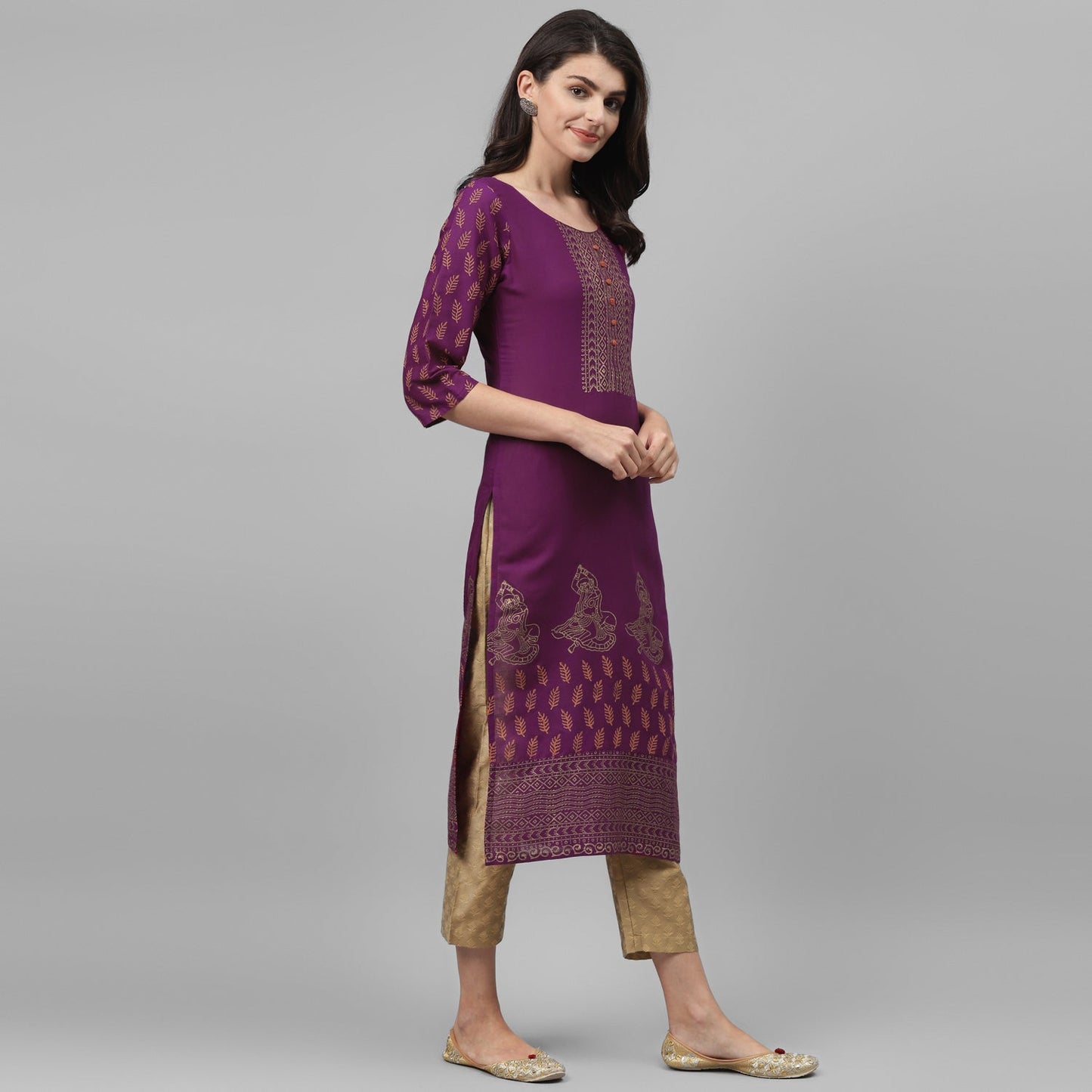 Maai Rayon Hand Printed Kurta Purple