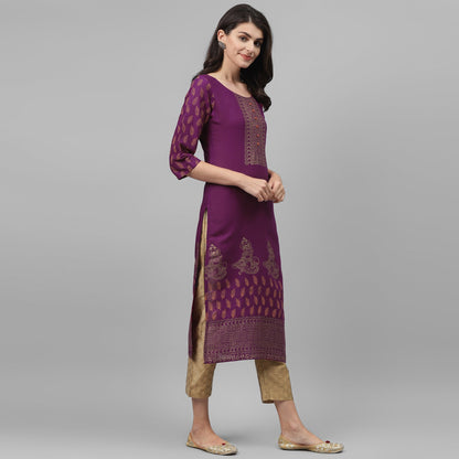 Maai Rayon Hand Printed Kurta Purple