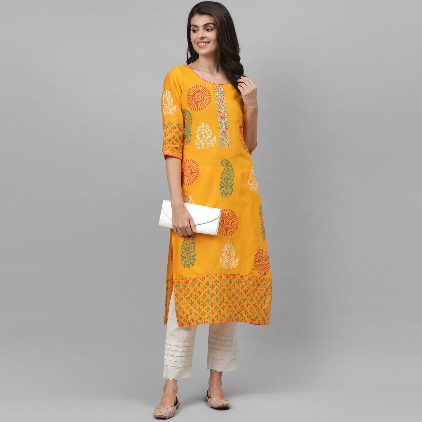 Maai Rayon Hand Printed Kurta Yellow